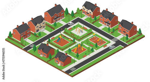 Isometric neighborhood with playground and brick houses in suburban setting