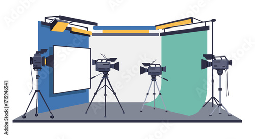Modern film studio with professional lighting and cameras in action
