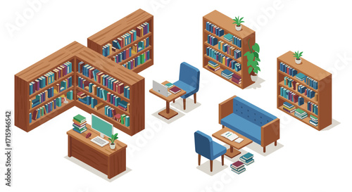 Isometric library interior with bookshelves, furniture, and plants