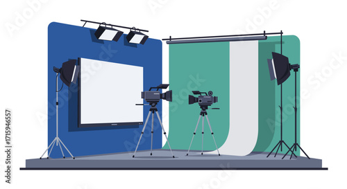 Modern film studio setup with cameras and professional lighting equipment