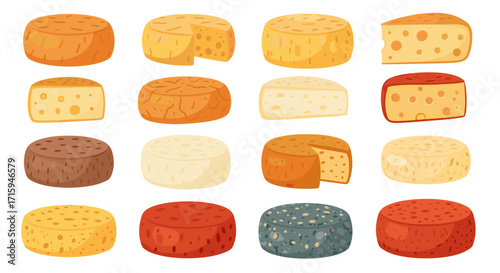 Assorted cheese collection: various types and colors of cheese wheels