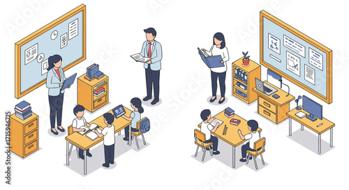Isometric classroom scene with teachers and students engaged in learning activities