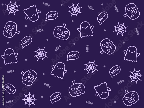 Seamless halloween outline pattern with cute ghosts, pumpkins, spider webs, and candies on deep purple background. Suitable for textiles, halloween event banners, or seasonal decorations.