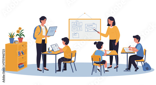 Engaging classroom setting with students and teachers in flat style