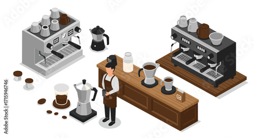 Isometric barista scene with coffee machines and brewing tools in cafe setting