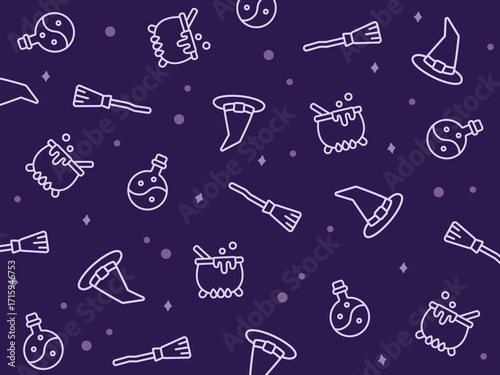 Witch halloween-themed outline pattern with hats, cauldrons, poison bottles, and flying brooms on dark purple background. Ideal for packaging, wallpapers, or spooky event posters.
