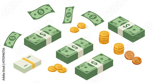 Isometric currency layout with cash stacks and coins