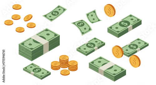 Isometric money icons with coins and dollar bills in various arrangements