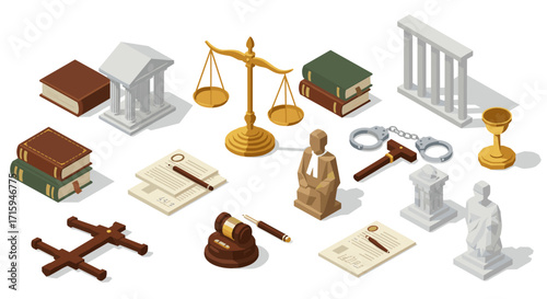 Isometric justice objects set with books, scales, and gavel