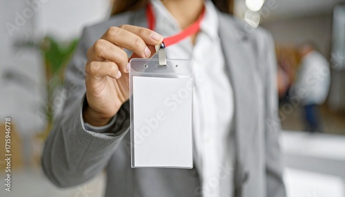 Professional in business attire presenting a blank white identification badge on a red lanyard, ready for customization and symbolizing access or identity in a corporate environment