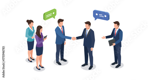 Business professionals engaging in corporate interaction with communication icons in isometric style