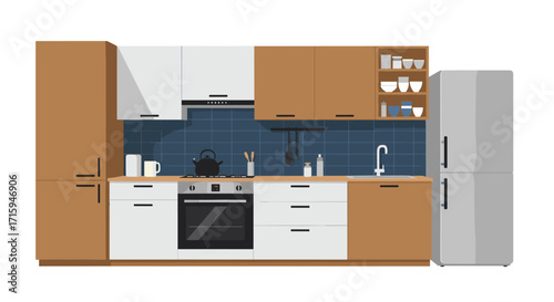 Modern kitchen design with wooden cabinets and blue tiled backsplash