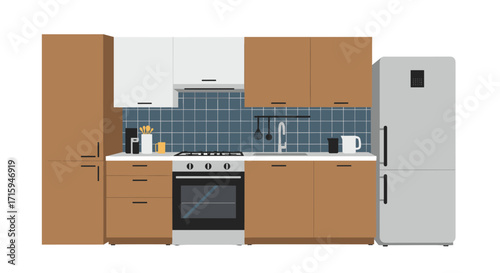 Modern kitchen interior with appliances and blue tiled backsplash in flat design