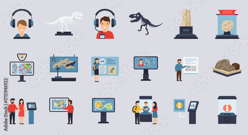 Interactive museum experience with guides, exhibits, and digital displays