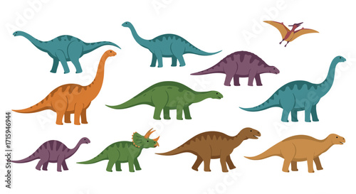 Colorful cartoon dinosaurs collection with brontosaurus, t-rex, triceratops, and pterodactyl