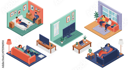 Cozy home spaces with relaxed people: isometric living room and bedroom scenes