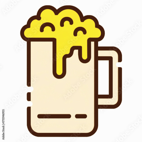 A stylized illustration of a frothy mug of beer overflowing with foam.