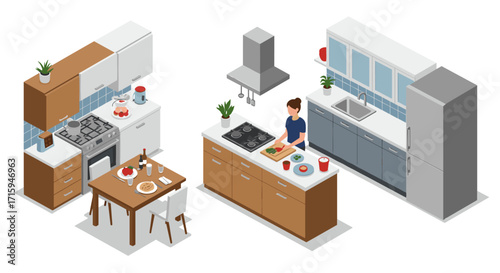 Modern isometric kitchen with appliances and dining setup