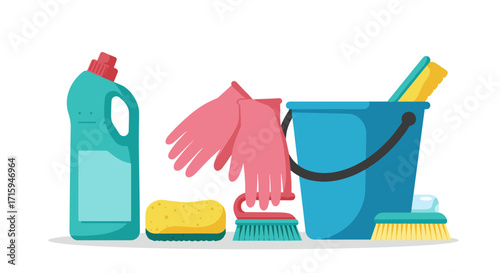 Vector art of colorful cleaning supplies arrangement perfect for home maintenance themes