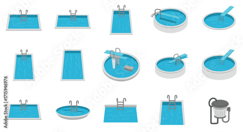 Isometric swimming pool collection with diving boards and ladders
