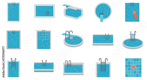 Diverse pool designs with diving boards and ladders in a flat style collection