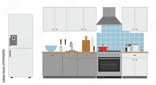 Modern kitchen interior with appliances and cabinets in flat style