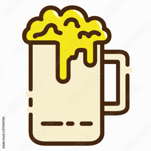 Cartoon illustration of a beer mug filled with a frothy yellow beverage, overflowing with foam.