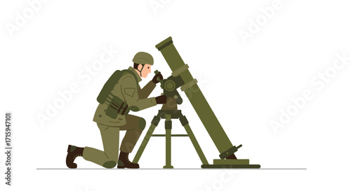 Soldier operating mortar weapon system in flat design
