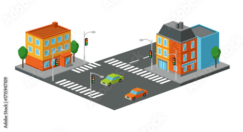 Isometric urban intersection with cars and buildings in a cityscape