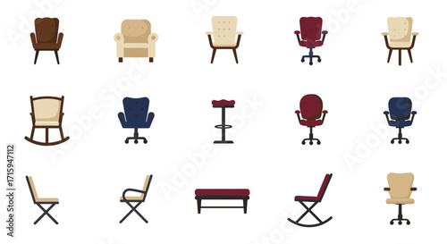 Diverse collection of modern and classic chairs and seating arrangements