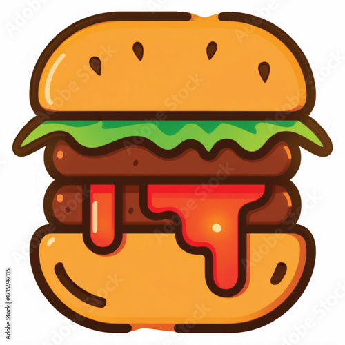 A cartoon illustration of a double cheeseburger with ketchup dripping down the patty.