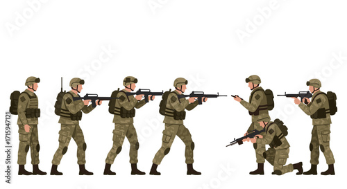 Illustration of soldiers in various tactical stances on a white background