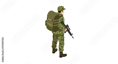 Isometric soldier in camouflage with backpack and rifle in a vector style