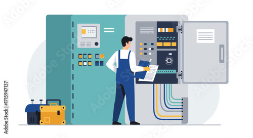 Technician checking control panel in factory setting for electrical maintenance