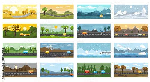 Scenic landscape banners with seasonal road trip themes and natural backgrounds
