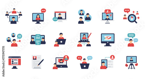 Flat style online communication and remote work icons set