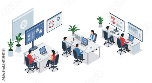Modern office workspace with employees working on computers in isometric style