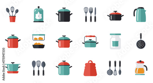 Colorful kitchenware set in modern flat design for culinary enthusiasts