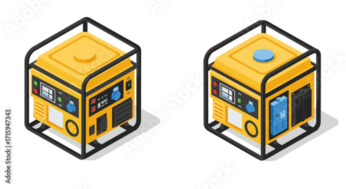Isometric yellow portable generator with control panel in 3d style