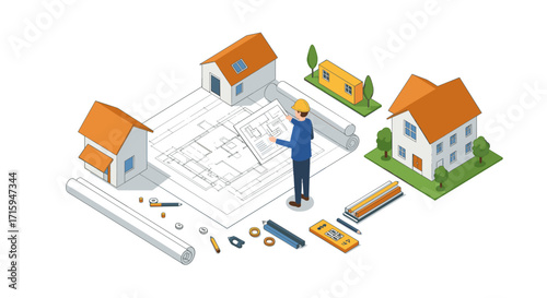 Architect reviewing blueprint in isometric design with model houses and tools