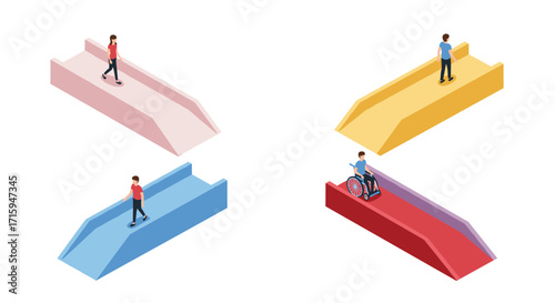 Isometric accessibility ramps with diverse characters in various colors