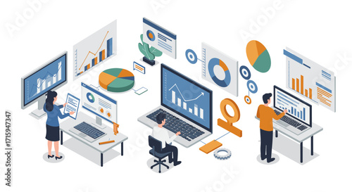 Collaborative team analyzing data with laptops and charts in modern office