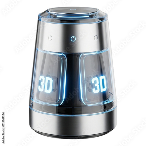 Futuristic 3D Technology Device: Sleek Silver and Glass Design with Illuminated Display.
