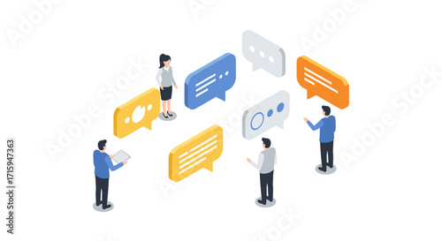 Isometric business team discussing communication in digital space