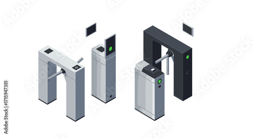 Modern isometric turnstiles and ticket machines for public transport access