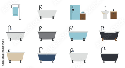 Flat style bathtub and bathroom fixtures set for modern interior design
