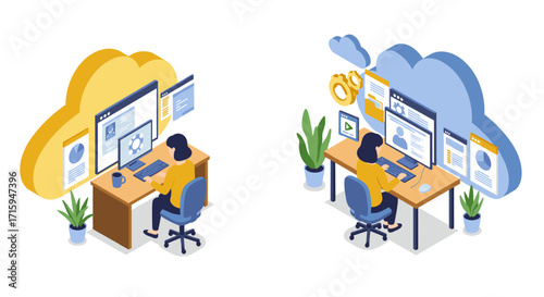 Isometric cloud computing concept with people working on virtual desktops and data interaction