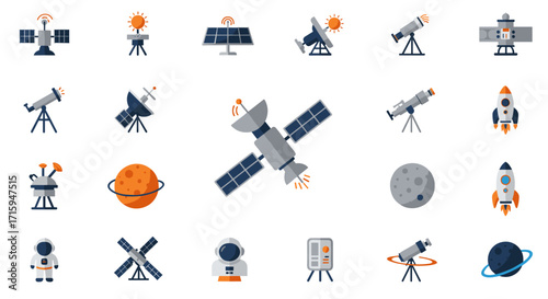 Space exploration icons set featuring satellites, telescopes, and astronauts