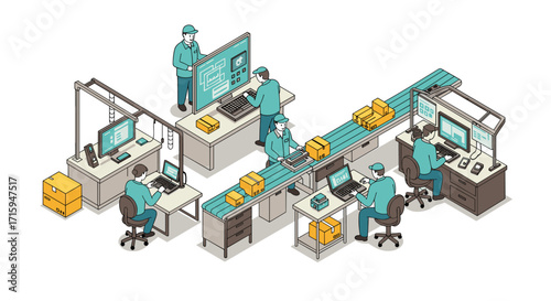 Isometric warehouse workflow with employees and conveyor system
