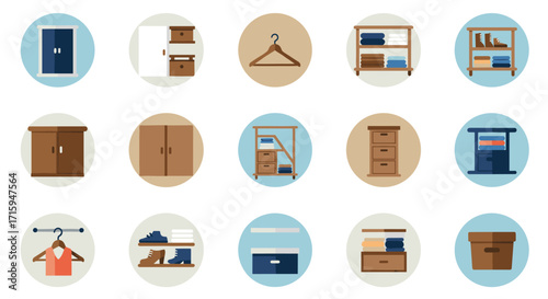 Flat style wardrobe and storage icons for modern interior design projects